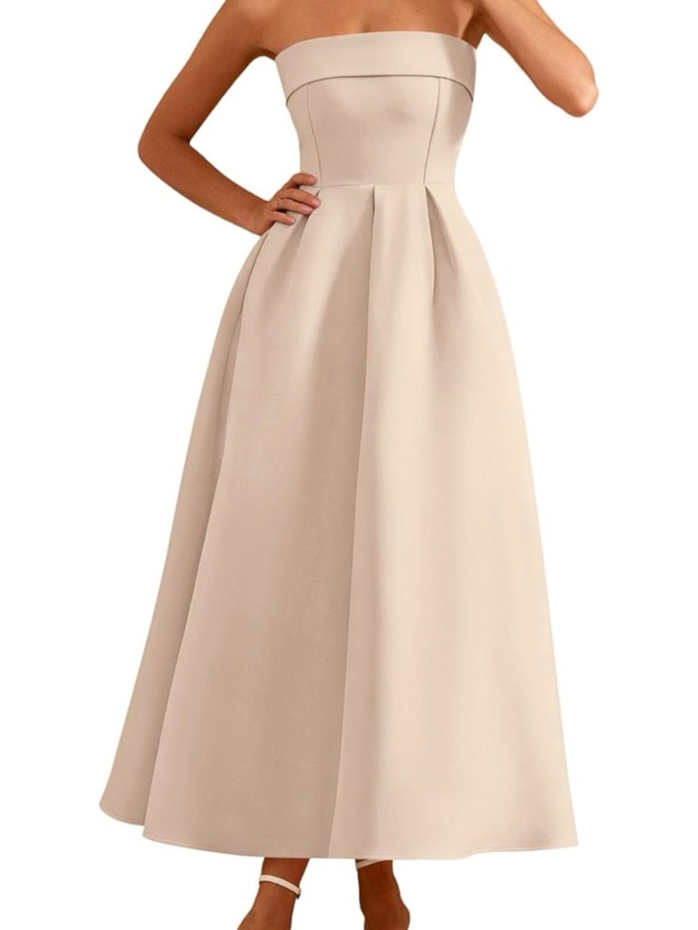 Strapless Beige A-Line Maxi Dress